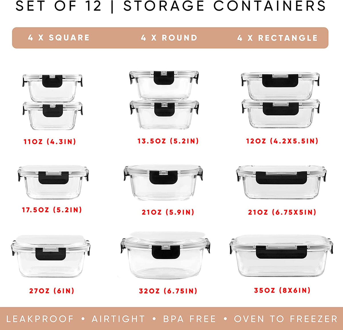 24Pc Borosilicate Glass Storage Containers with Lids | 12 Airtight/Freezer Safe Food Storage Containers for Pantry and Kitchen | Meal Prep Container for Lunch | Glass Tupperware Set