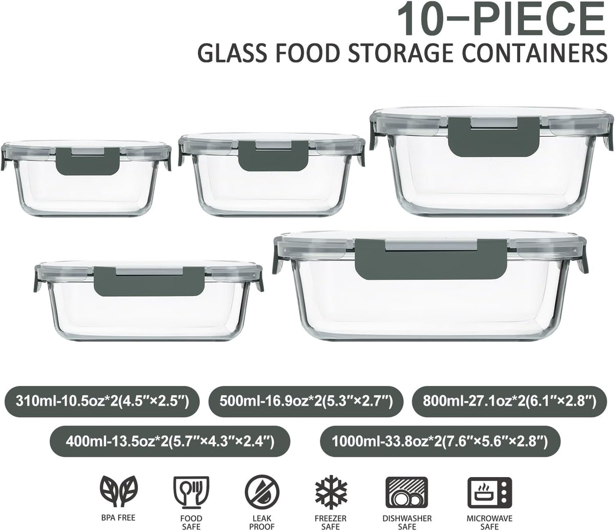 10 Pack Glass Food Storage Container with Lids,Gray