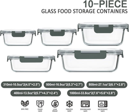 10 Pack Glass Food Storage Container with Lids,Gray