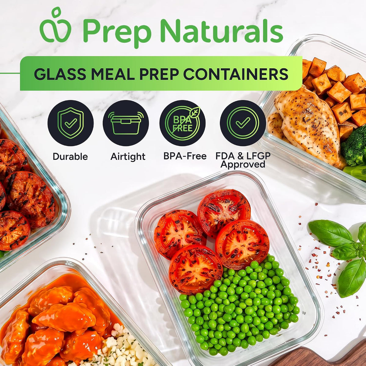Prepnaturals 5 Pack 30Oz Glass Meal Prep Containers - 1 Compartment