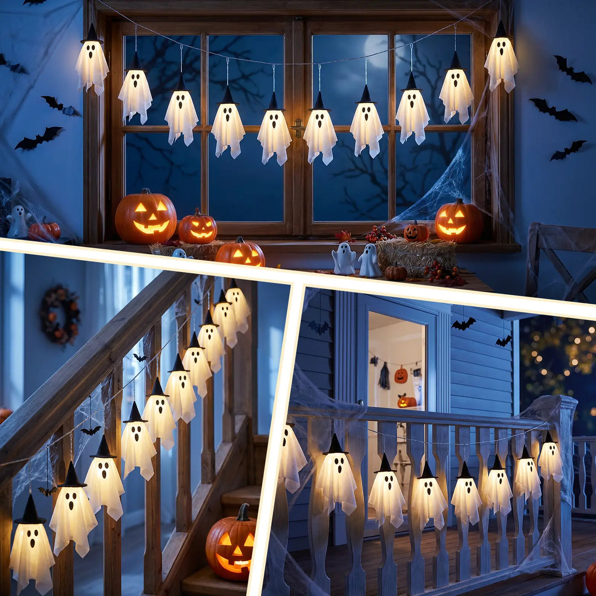 Spooky Halloween Ghost String Lights Set, 10 Lighted Hanging Ghosts with Witch Hats, 8.85 Ft Battery-Operated Warm White LED Garland for Porch, Window Railing Halloween Decorations