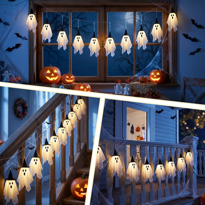 Spooky Halloween Ghost String Lights Set, 10 Lighted Hanging Ghosts with Witch Hats, 8.85 Ft Battery-Operated Warm White LED Garland for Porch, Window Railing Halloween Decorations