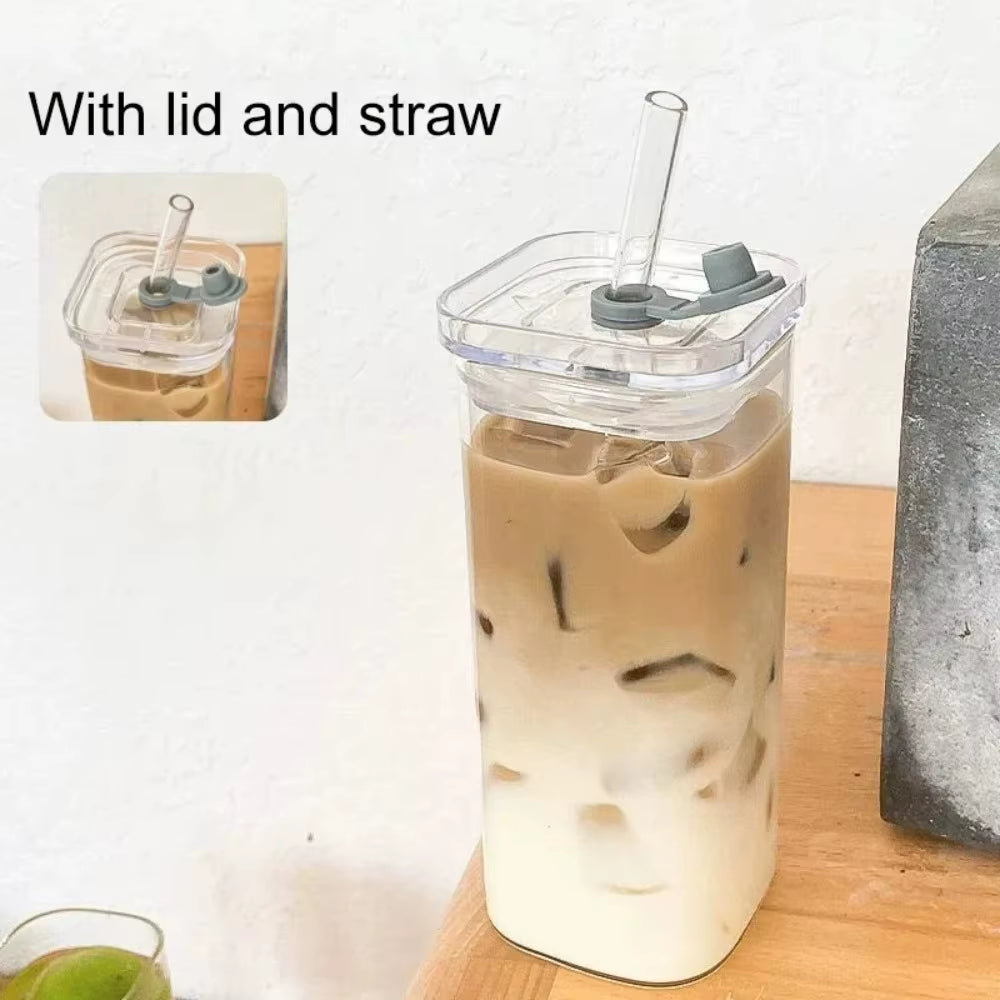 1Pcs Square Heat Resistant Coffee Glass Cup with Lid and Straw Transparent Milk Tea Juice Cups Coffee Mug for Home Bar Drinkware