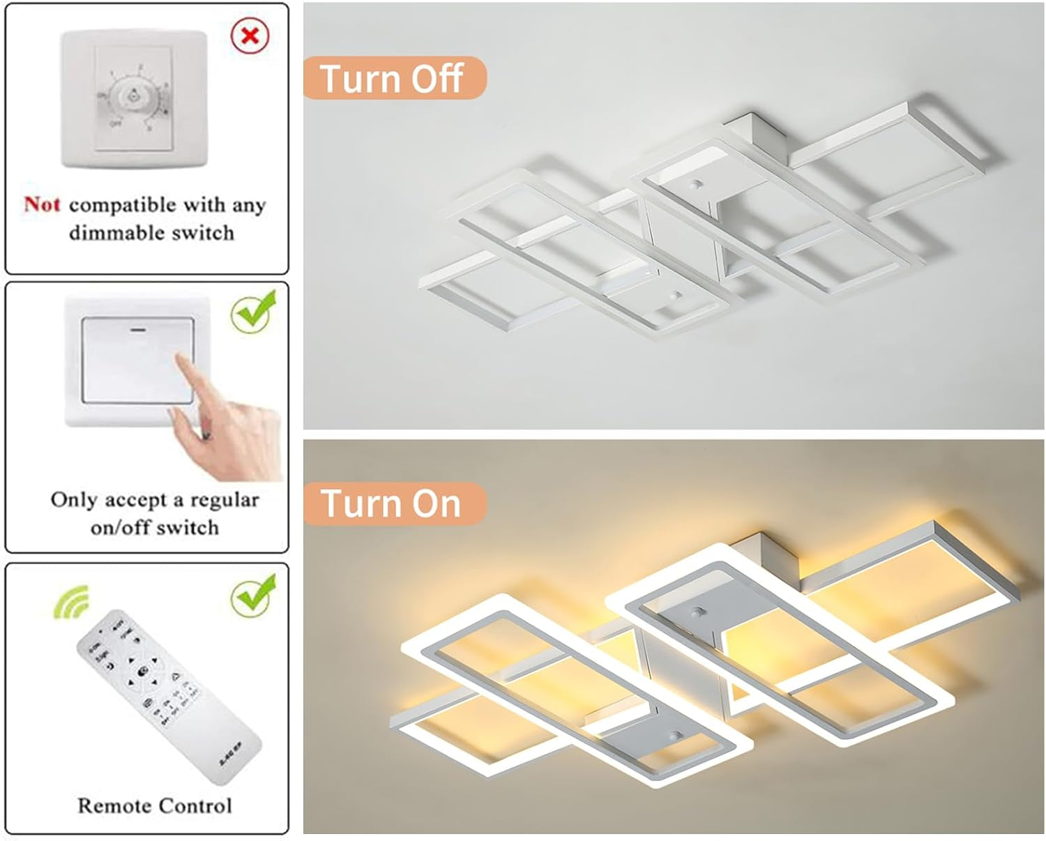 4-Square LED Flush Mount Ceiling Light, 80W Dimmable Remote, White | Modern Acrylic Flush Mount Light Fixture for Living Room, Bedroom, Dining Room & Kitchen. Remote Control Dimmable