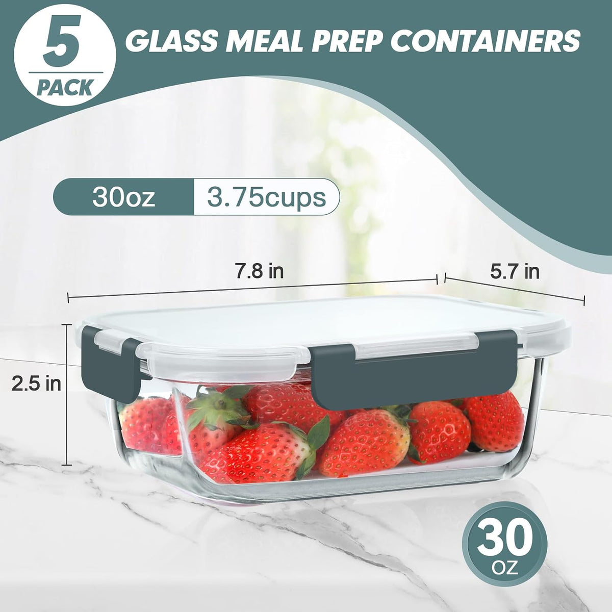 30 Oz 5 Pack Glass Meal Prep Containers with Lids, Gray