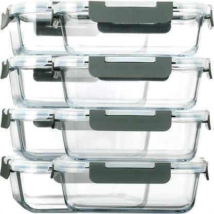 8 Pack,30 Oz Glass Food Storage Containers with Lids, Gray