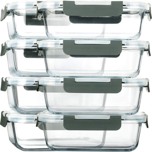 8 Pack,30 Oz Glass Food Storage Containers with Lids, Gray