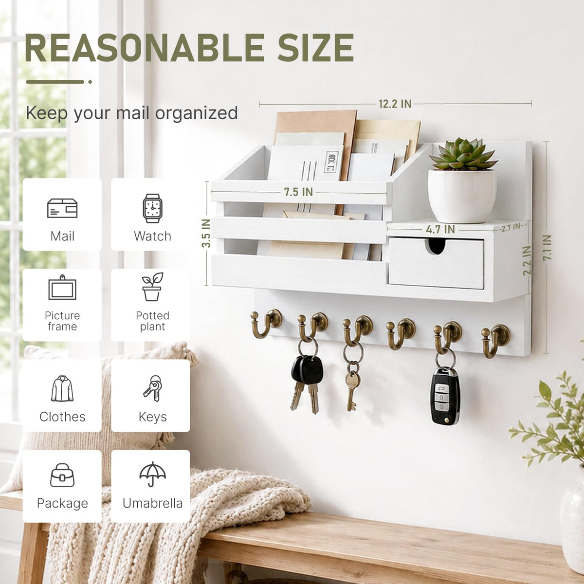 Key and Mail Holder Wall Mount with Drawer and 6 Sturdy Hooks