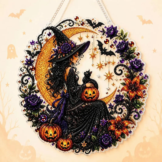 9.8In Shiny Halloween Diamond Art Kits Hanging Suncatcher Set, Witch-Black Cat-Ghost Reading-Pumpkin Designs, Acrylic DIY Rhinestone Ornament, Window Wall Decoration Gift for Kids