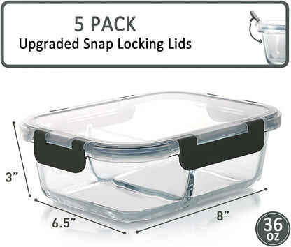 5 Pack,36 Oz, 2 Compartments Glass Meal Prep Containers with Lids