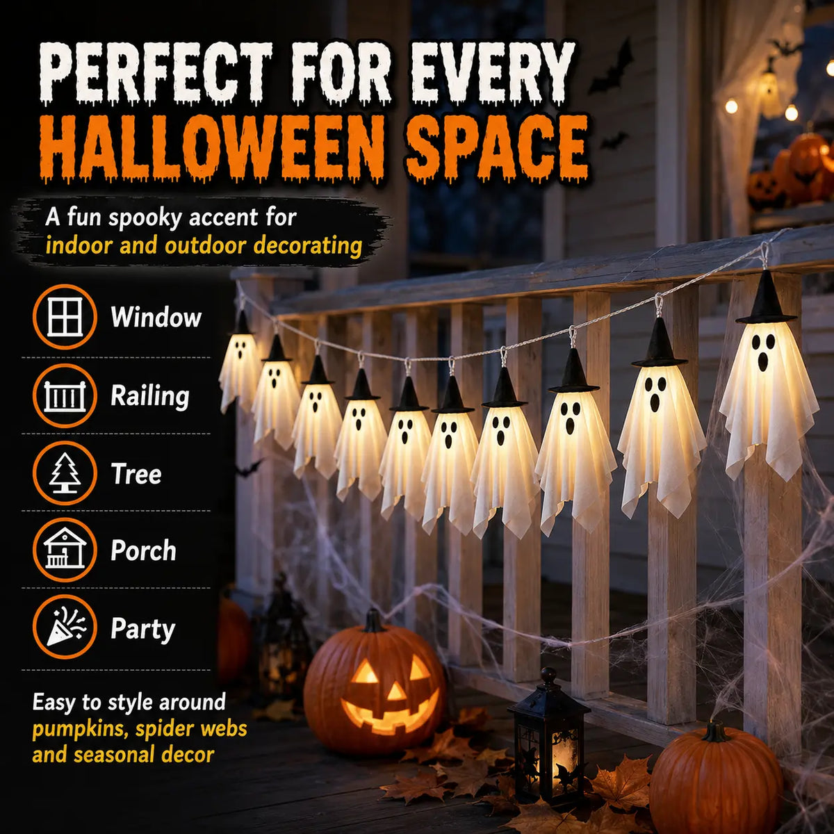 Spooky Halloween Ghost String Lights Set, 10 Lighted Hanging Ghosts with Witch Hats, 8.85 Ft Battery-Operated Warm White LED Garland for Porch, Window Railing Halloween Decorations