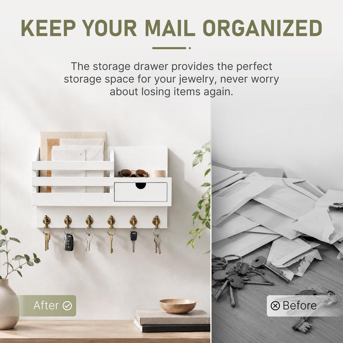 Key and Mail Holder Wall Mount with Drawer and 6 Sturdy Hooks