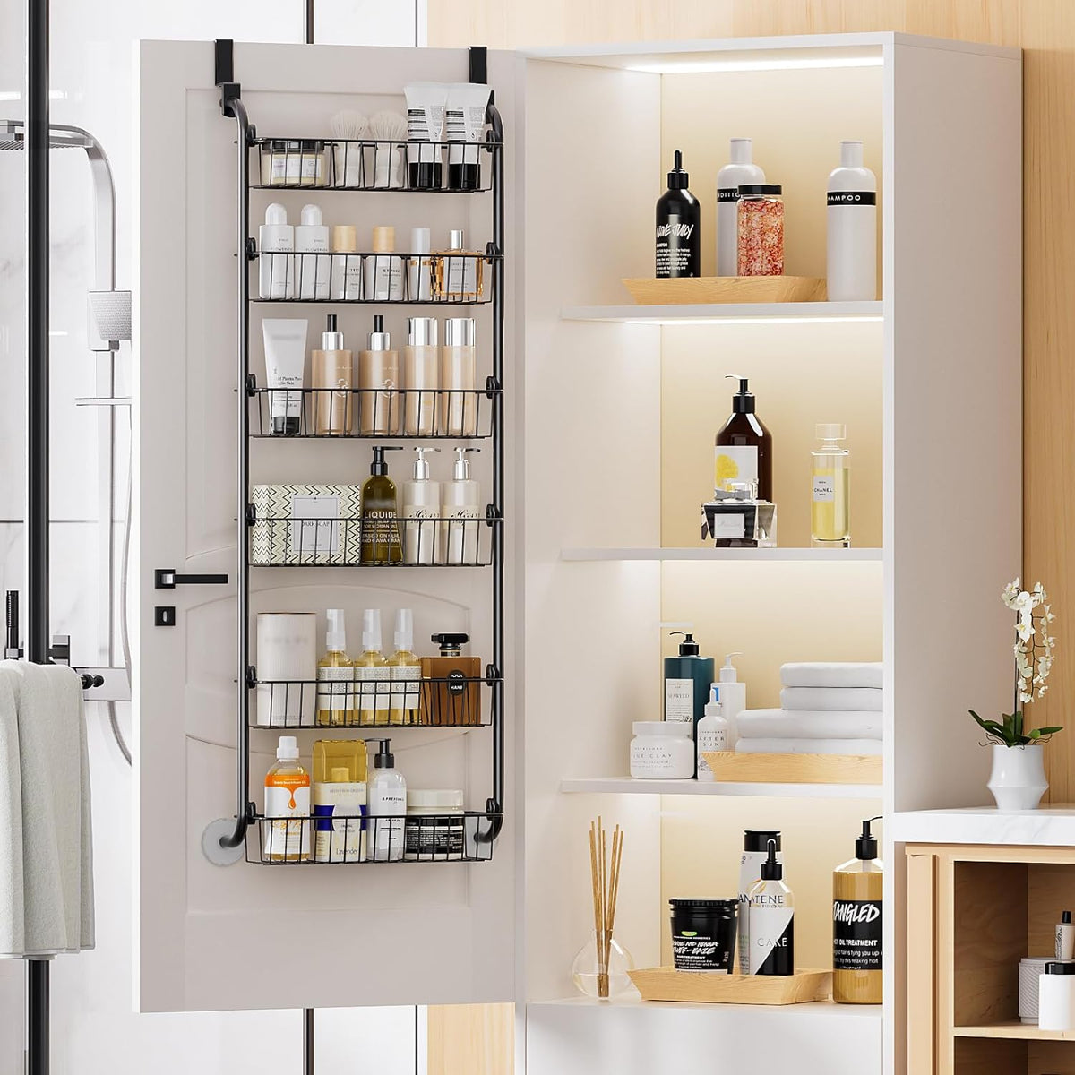 over the Door Pantry Organizer, 6-Tier Metal Pantry Door Organization and Storage, Hanging Kitchen Basket Spice Rack Seasoning Shelves, Cabinet Door Organizer for Easy Install,D5Xw18Xh50Inch