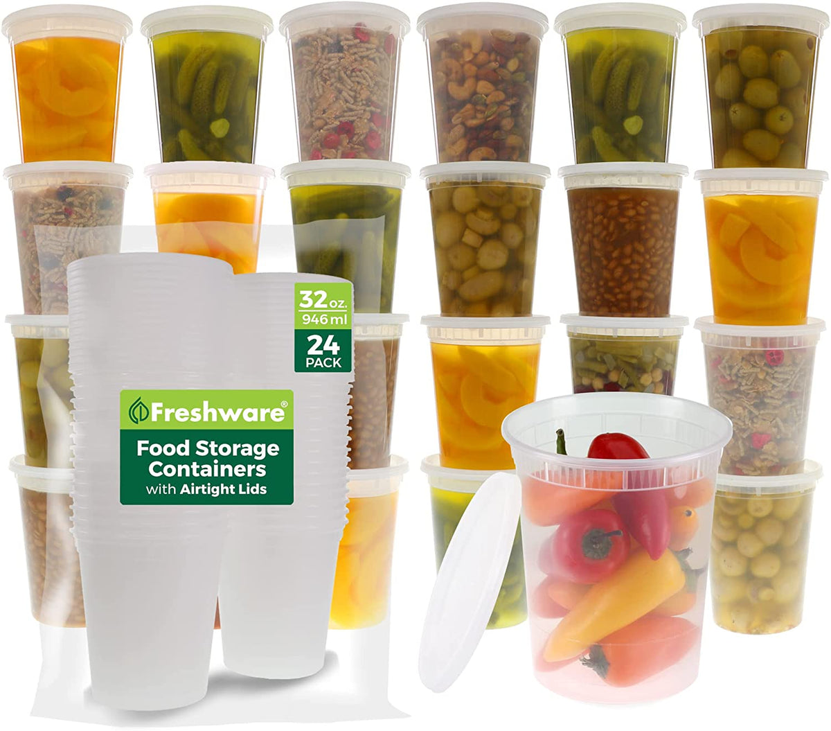 Food Storage Containers [24 Set] 32 Oz Plastic Deli Containers with Lids, Slime, Soup, Meal Prep Containers | BPA Free | Stackable | Leakproof | Microwave/Dishwasher/Freezer Safe
