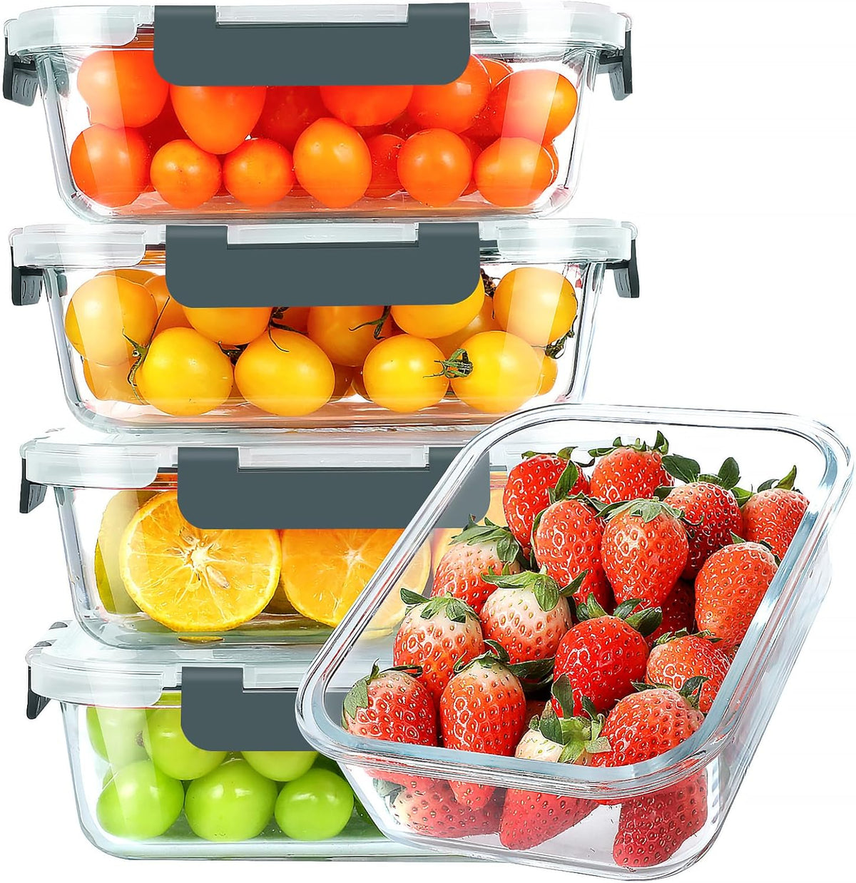 30 Oz 5 Pack Glass Meal Prep Containers with Lids, Gray