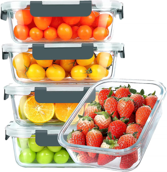 30 Oz 5 Pack Glass Meal Prep Containers with Lids, Gray