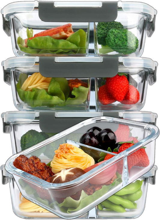 5 Pack,36 Oz, 2 Compartments Glass Meal Prep Containers with Lids