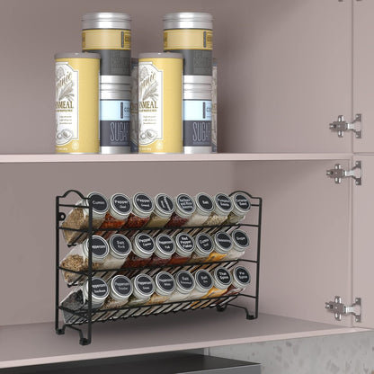 Spice Rack Organizer with 24 Empty Glass Spice Jars, 396 Spice Labels with Chalk Marker and Funnel Complete Set, for Countertop, Cabinet or Wall Mount, Black
