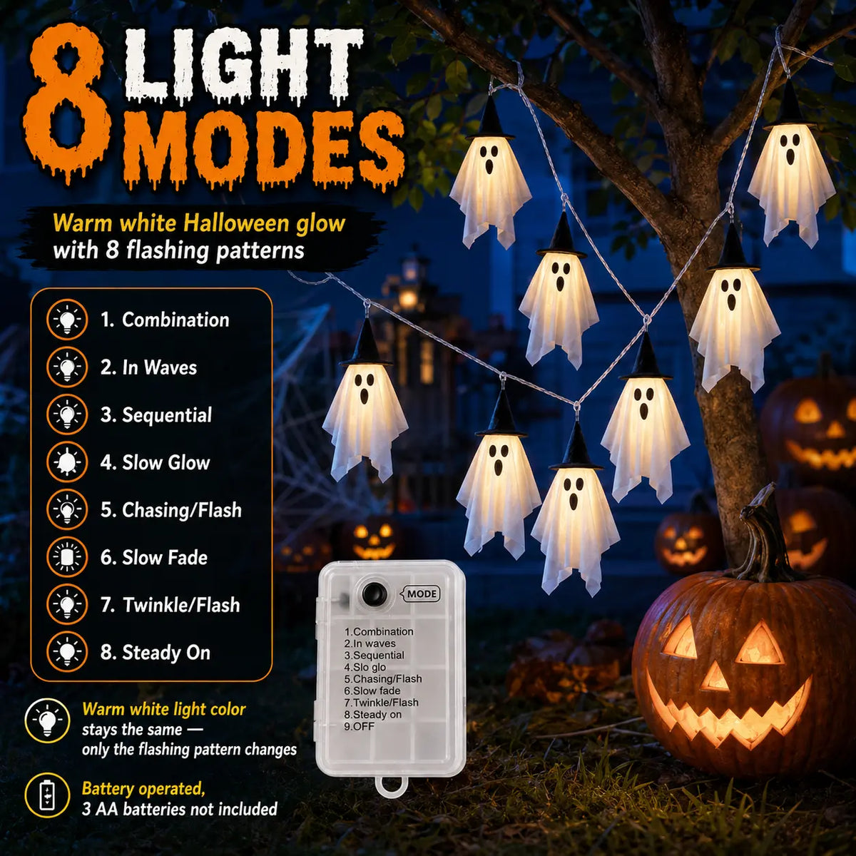 Spooky Halloween Ghost String Lights Set, 10 Lighted Hanging Ghosts with Witch Hats, 8.85 Ft Battery-Operated Warm White LED Garland for Porch, Window Railing Halloween Decorations