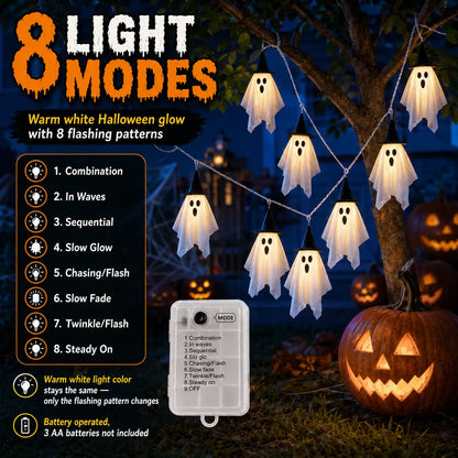 Spooky Halloween Ghost String Lights Set, 10 Lighted Hanging Ghosts with Witch Hats, 8.85 Ft Battery-Operated Warm White LED Garland for Porch, Window Railing Halloween Decorations