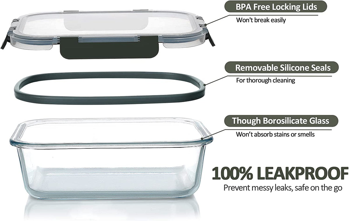 10 Pack Glass Food Storage Container with Lids,Gray