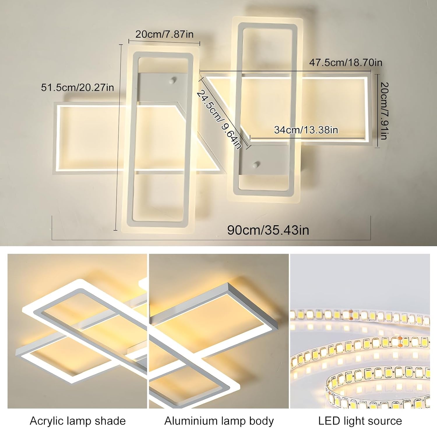 4-Square LED Flush Mount Ceiling Light, 80W Dimmable Remote, White | Modern Acrylic Flush Mount Light Fixture for Living Room, Bedroom, Dining Room & Kitchen. Remote Control Dimmable