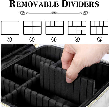 Travel Makeup Bag 10.4 Inches Portable Makeup Train Case Cosmetic Bag Organizer with Adjustable Dividers and Shoulder Strap for Cosmetics Brushes Toiletry Jewelry Digital Accessories (Marble)