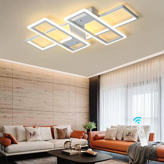 4-Square LED Flush Mount Ceiling Light, 80W Dimmable Remote, White | Modern Acrylic Flush Mount Light Fixture for Living Room, Bedroom, Dining Room & Kitchen. Remote Control Dimmable