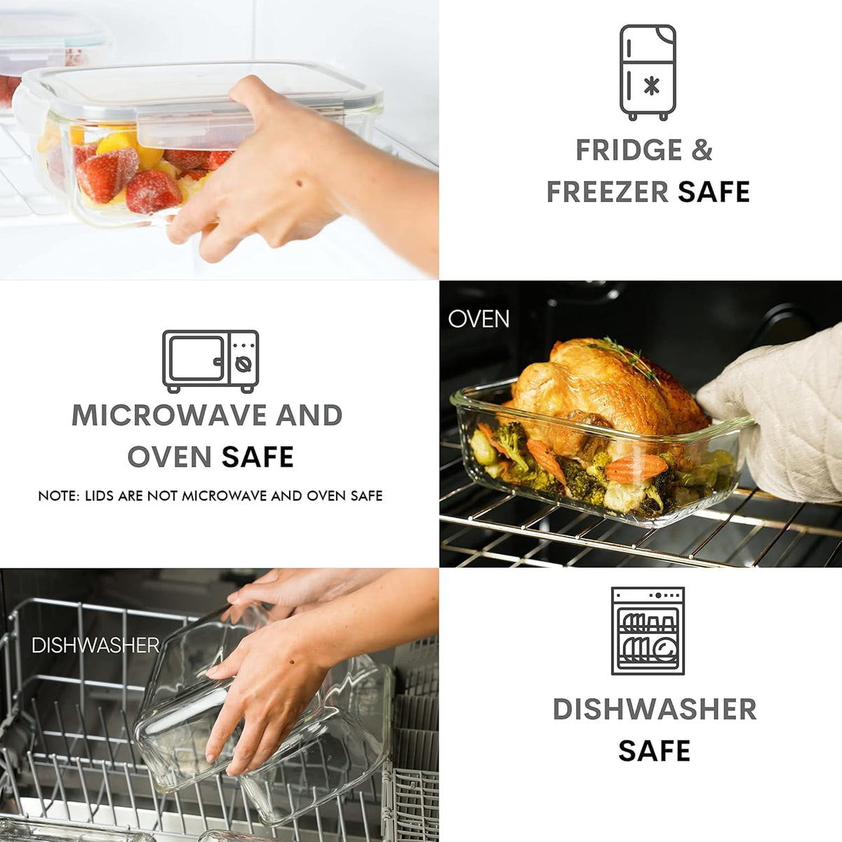 8 Cups/ 63 Oz 4 Piece (2 Containers + 2 Lids) Large Glass Food Storage/ Baking Containers with Locking Lids . Ideal for Storing Food, Vegetables or Fruits. BPA Free & Leak Proof -Microwave, Oven Safe