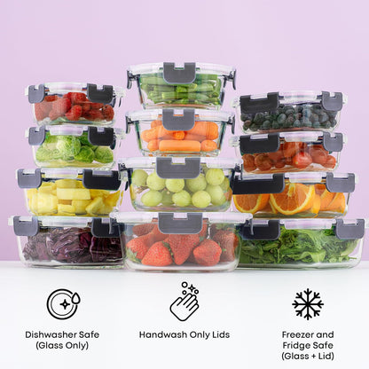 24Pc Borosilicate Glass Storage Containers with Lids | 12 Airtight/Freezer Safe Food Storage Containers for Pantry and Kitchen | Meal Prep Container for Lunch | Glass Tupperware Set