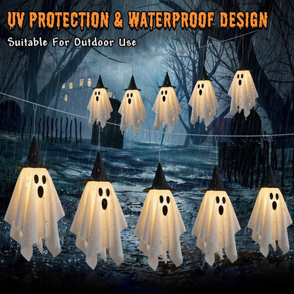 Spooky Halloween Ghost String Lights Set, 10 Lighted Hanging Ghosts with Witch Hats, 8.85 Ft Battery-Operated Warm White LED Garland for Porch, Window Railing Halloween Decorations
