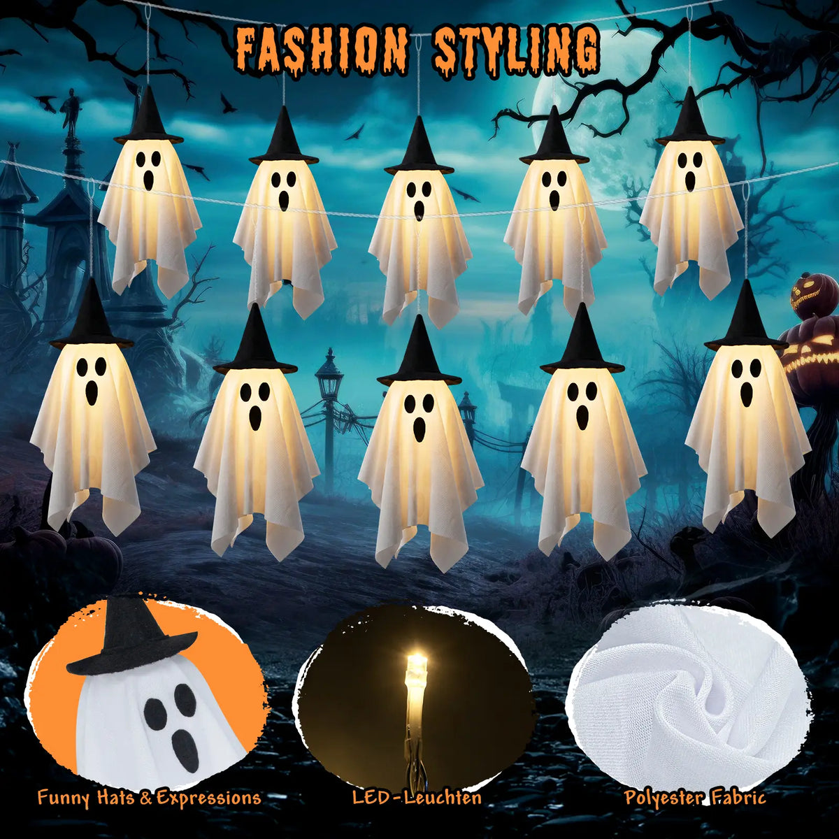 Spooky Halloween Ghost String Lights Set, 10 Lighted Hanging Ghosts with Witch Hats, 8.85 Ft Battery-Operated Warm White LED Garland for Porch, Window Railing Halloween Decorations