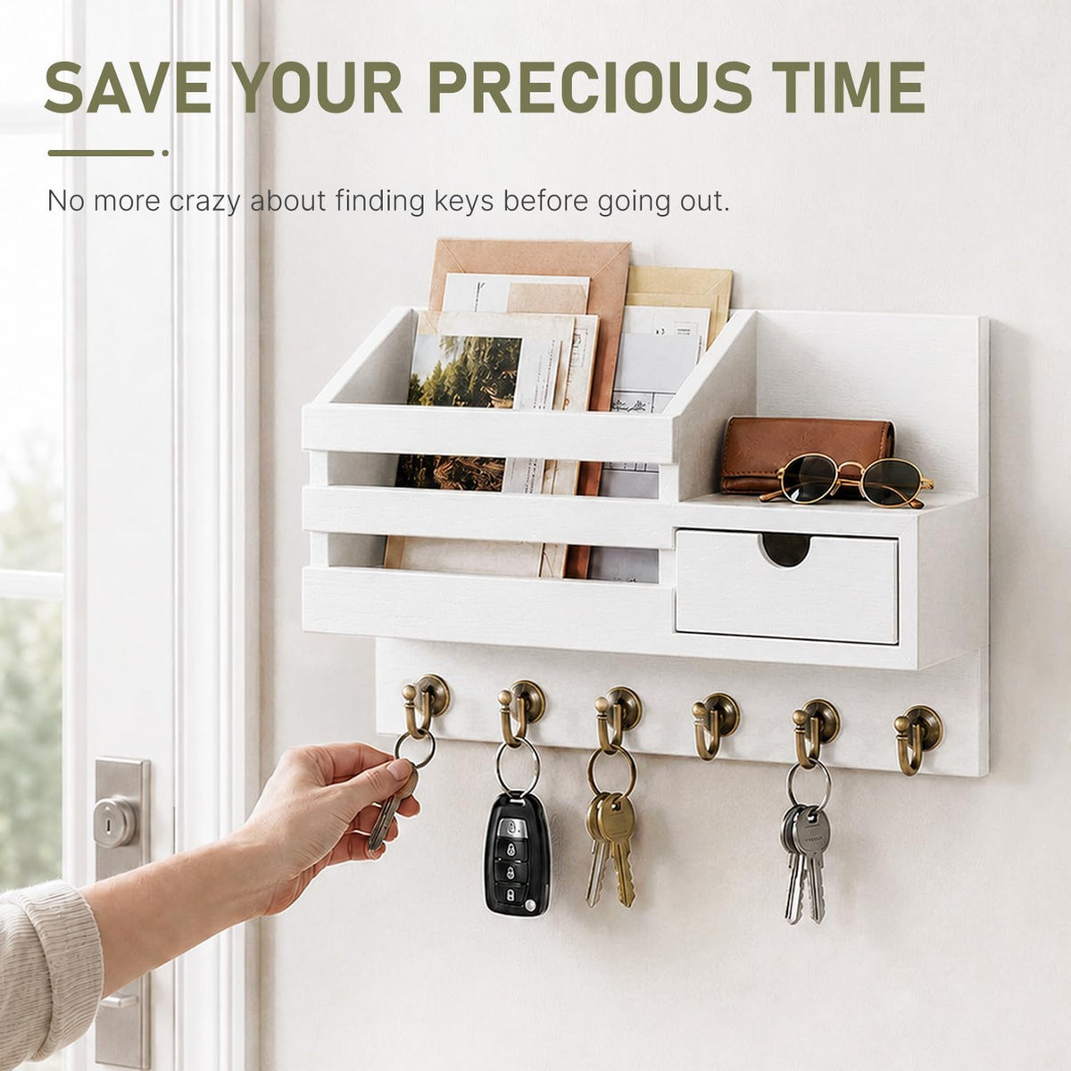 Key and Mail Holder Wall Mount with Drawer and 6 Sturdy Hooks