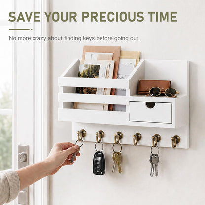 Key and Mail Holder Wall Mount with Drawer and 6 Sturdy Hooks