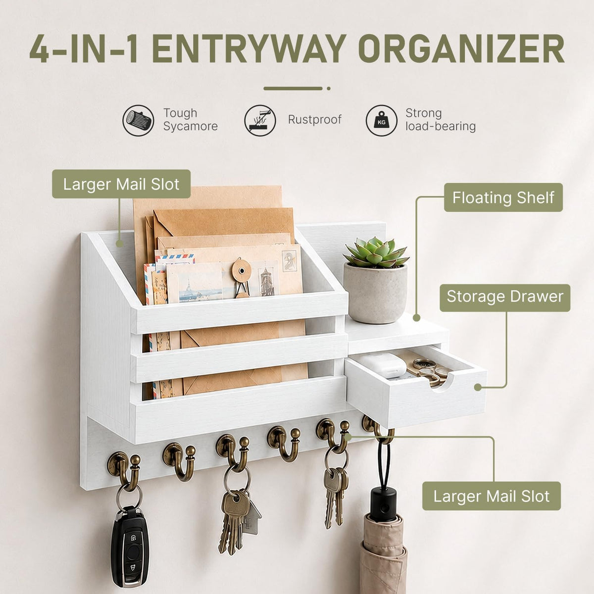 Key and Mail Holder Wall Mount with Drawer and 6 Sturdy Hooks