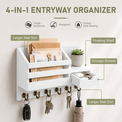 Key and Mail Holder Wall Mount with Drawer and 6 Sturdy Hooks
