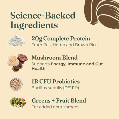 Organic Plant-Based Protein Powder | Clean Vegan Protein Elevated with Lion’S Mane, Chaga, Cordyceps and More for Brain Function and Immune Support | Creamy Cacao, 21.16 Oz