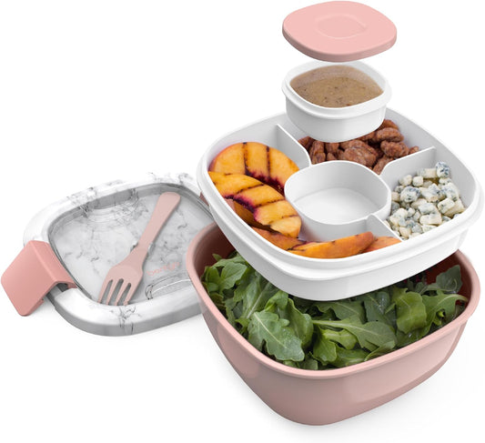 Salad Container, Lunch Bowl with 4-Compartment Toppings Tray, 54 Oz