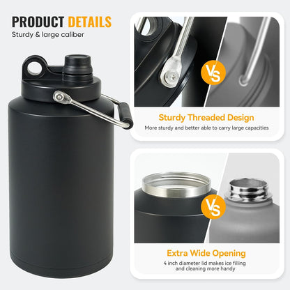 Insulated Gallon Jug with Handle, One Gallon, 128Oz Stainless Steel, Large Double Vacuum Water Bottle for Hot & Cold Drinks, Wide Mouth, Sweat Proof, Great for Travel, Camping, Black