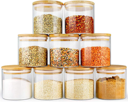 Glass Jars with Bamboo Lids (16Oz in 9 Pack), Food Jars and Canisters Sets with Lids, Food Storage Jars with Airtight Lids, Glass Pantry Jars
