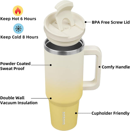 40 Oz Insulated Tumbler with Handle & Straw, Stainless Steel