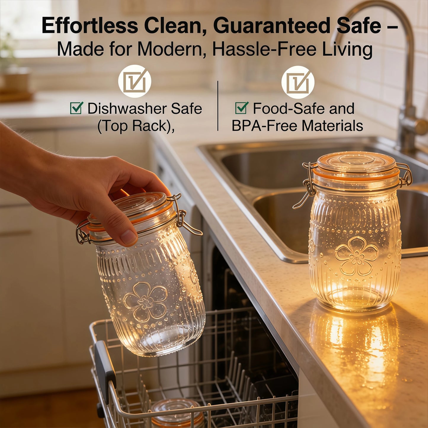 Wide Mouth Mason Jars 32 oz 6 Pack Airtight Glass Canister for Kitchen Pantry Coffee Sugar Beans Flour Snacks