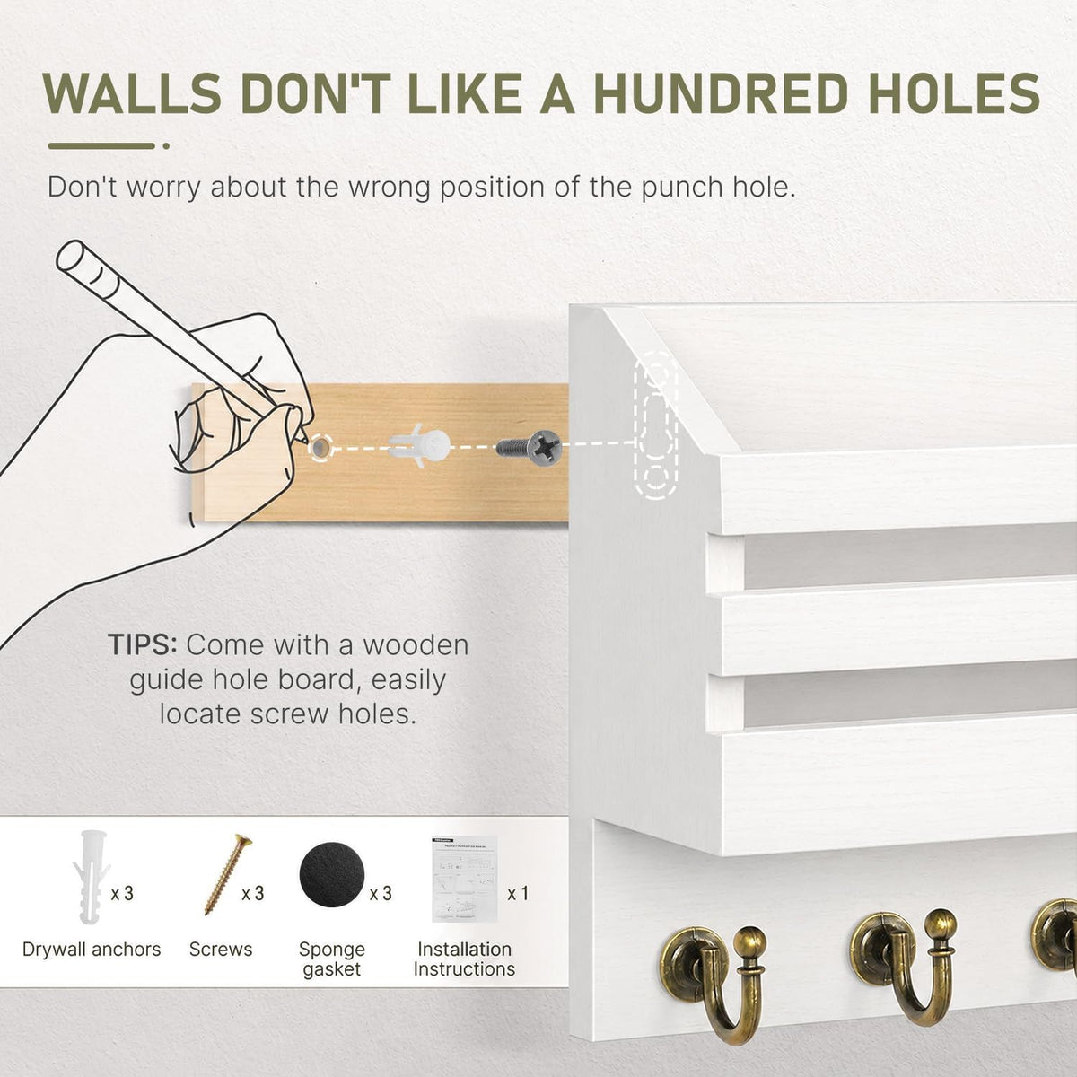 Key and Mail Holder Wall Mount with Drawer and 6 Sturdy Hooks