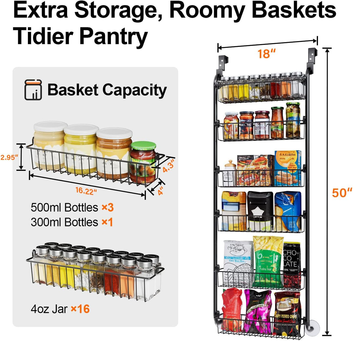 over the Door Pantry Organizer, 6-Tier Metal Pantry Door Organization and Storage, Hanging Kitchen Basket Spice Rack Seasoning Shelves, Cabinet Door Organizer for Easy Install,D5Xw18Xh50Inch