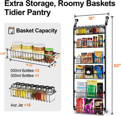 over the Door Pantry Organizer, 6-Tier Metal Pantry Door Organization and Storage, Hanging Kitchen Basket Spice Rack Seasoning Shelves, Cabinet Door Organizer for Easy Install,D5Xw18Xh50Inch