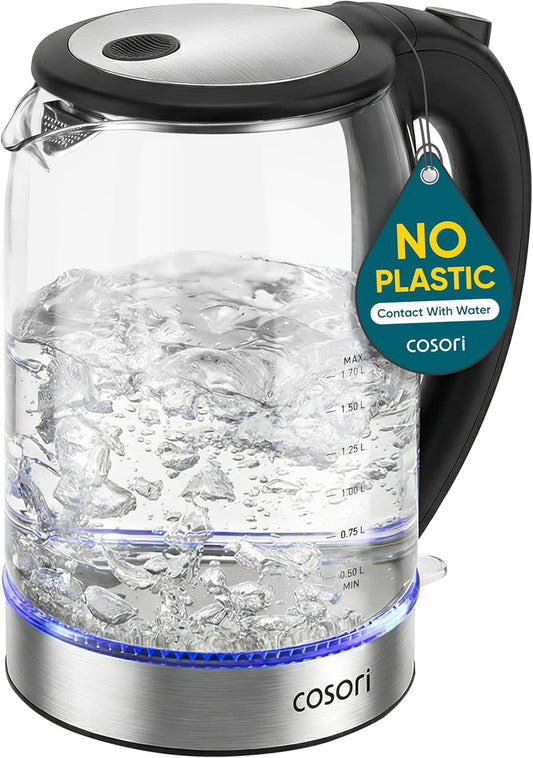 Electric Kettle, No Plastic Contact with Water, Wide Mouth for Easy Cleaning, Auto Shut Off, 1.7L Tea Kettle & Hot Water Boiler, Water Heater & Teapot, Borosilicate Glass, Black, 1500W
