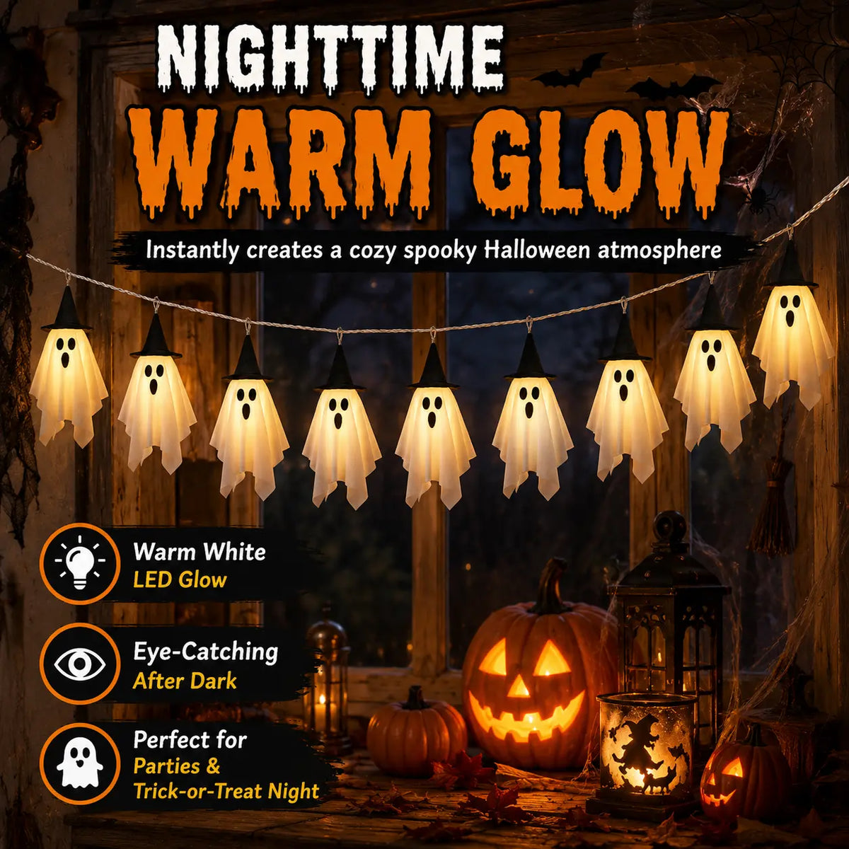 Spooky Halloween Ghost String Lights Set, 10 Lighted Hanging Ghosts with Witch Hats, 8.85 Ft Battery-Operated Warm White LED Garland for Porch, Window Railing Halloween Decorations