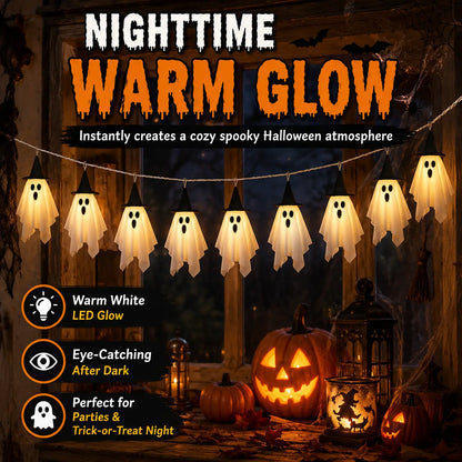Spooky Halloween Ghost String Lights Set, 10 Lighted Hanging Ghosts with Witch Hats, 8.85 Ft Battery-Operated Warm White LED Garland for Porch, Window Railing Halloween Decorations