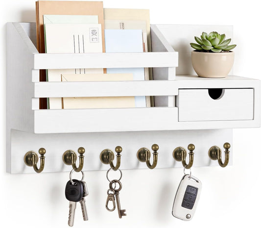 Key and Mail Holder Wall Mount with Drawer and 6 Sturdy Hooks