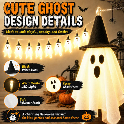 Spooky Halloween Ghost String Lights Set, 10 Lighted Hanging Ghosts with Witch Hats, 8.85 Ft Battery-Operated Warm White LED Garland for Porch, Window Railing Halloween Decorations